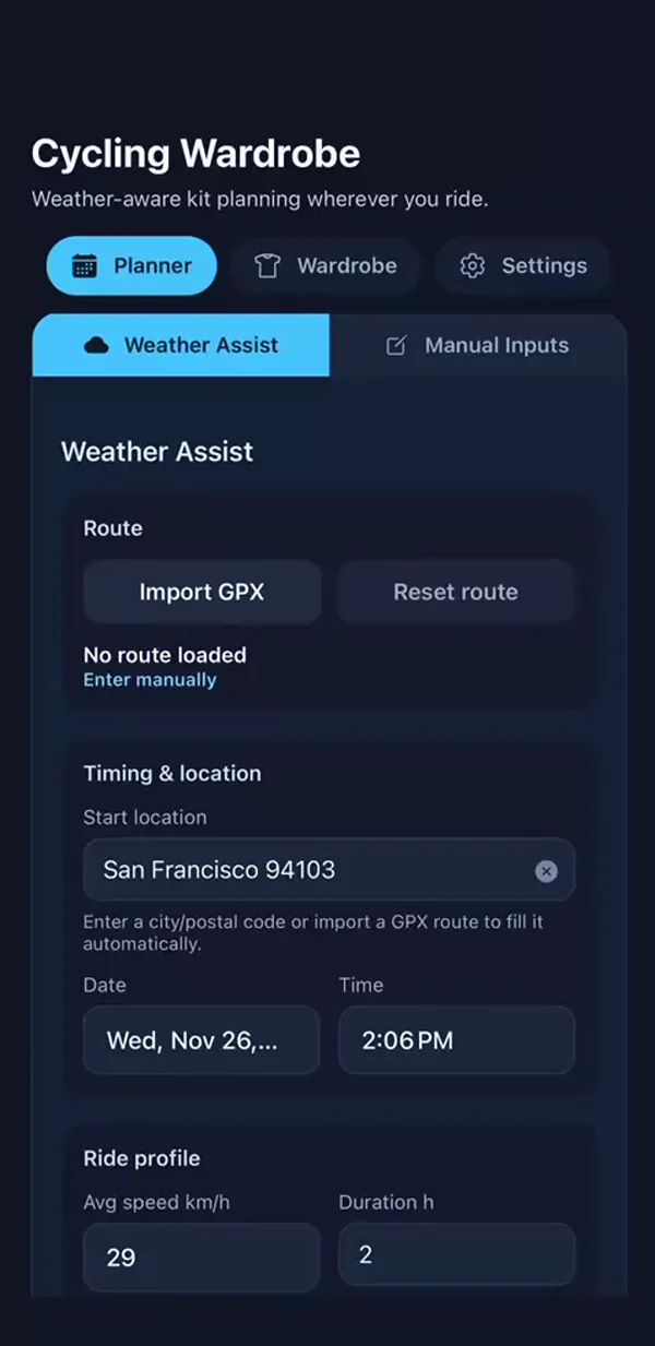 Cycling Wardrobe app demo showing kit planning flow